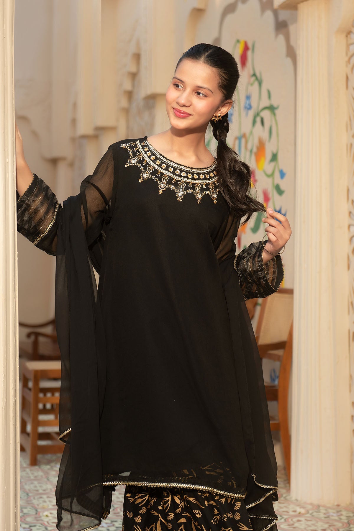 Chiffon Hand Adda Work Black Stitched Suit - Ochre