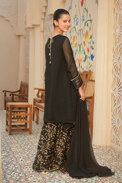 Chiffon Hand Adda Work Black Stitched Suit - Ochre