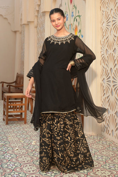 Chiffon Hand Adda Work Black Stitched Suit - Ochre