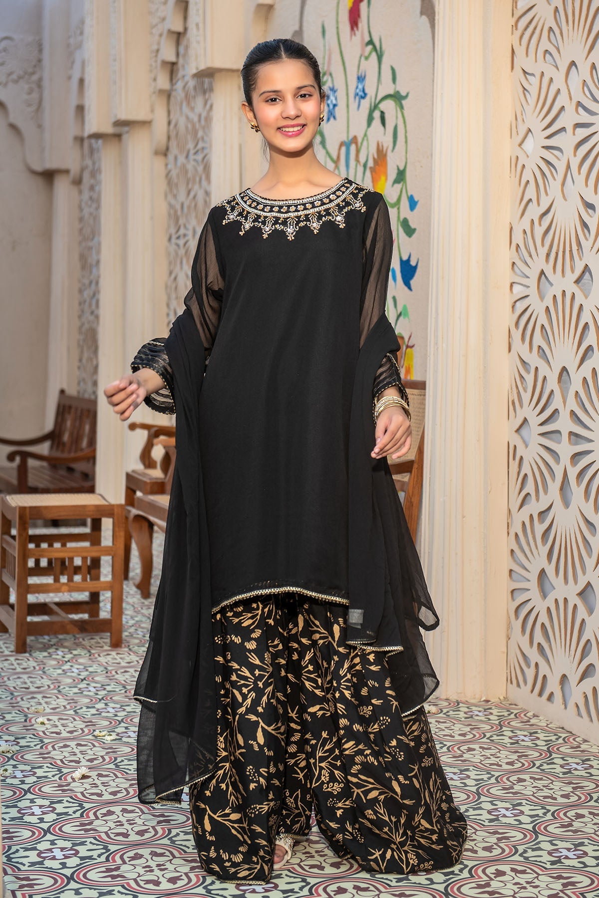 Chiffon Hand Adda Work Black Stitched Suit - Ochre