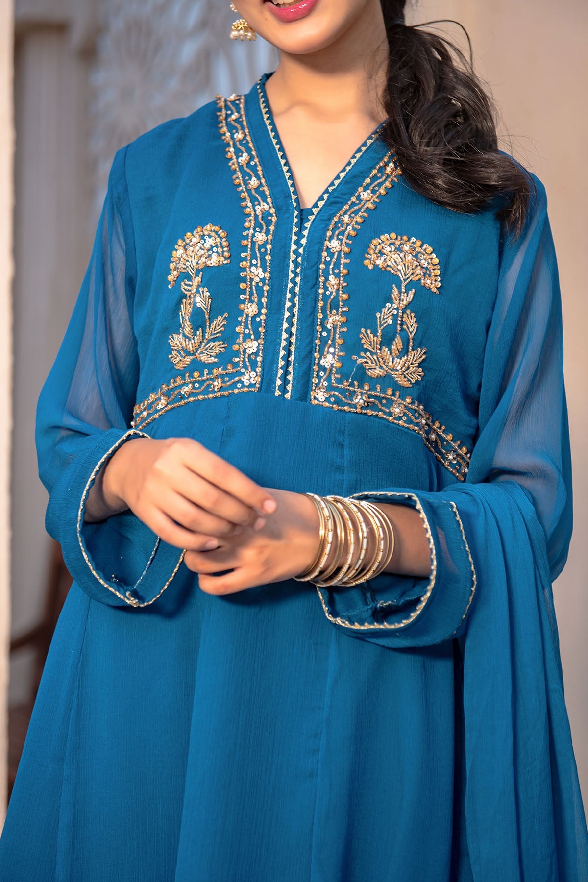 Chiffon Hand Adda Work Tea Blue Stitched Suit - Ochre