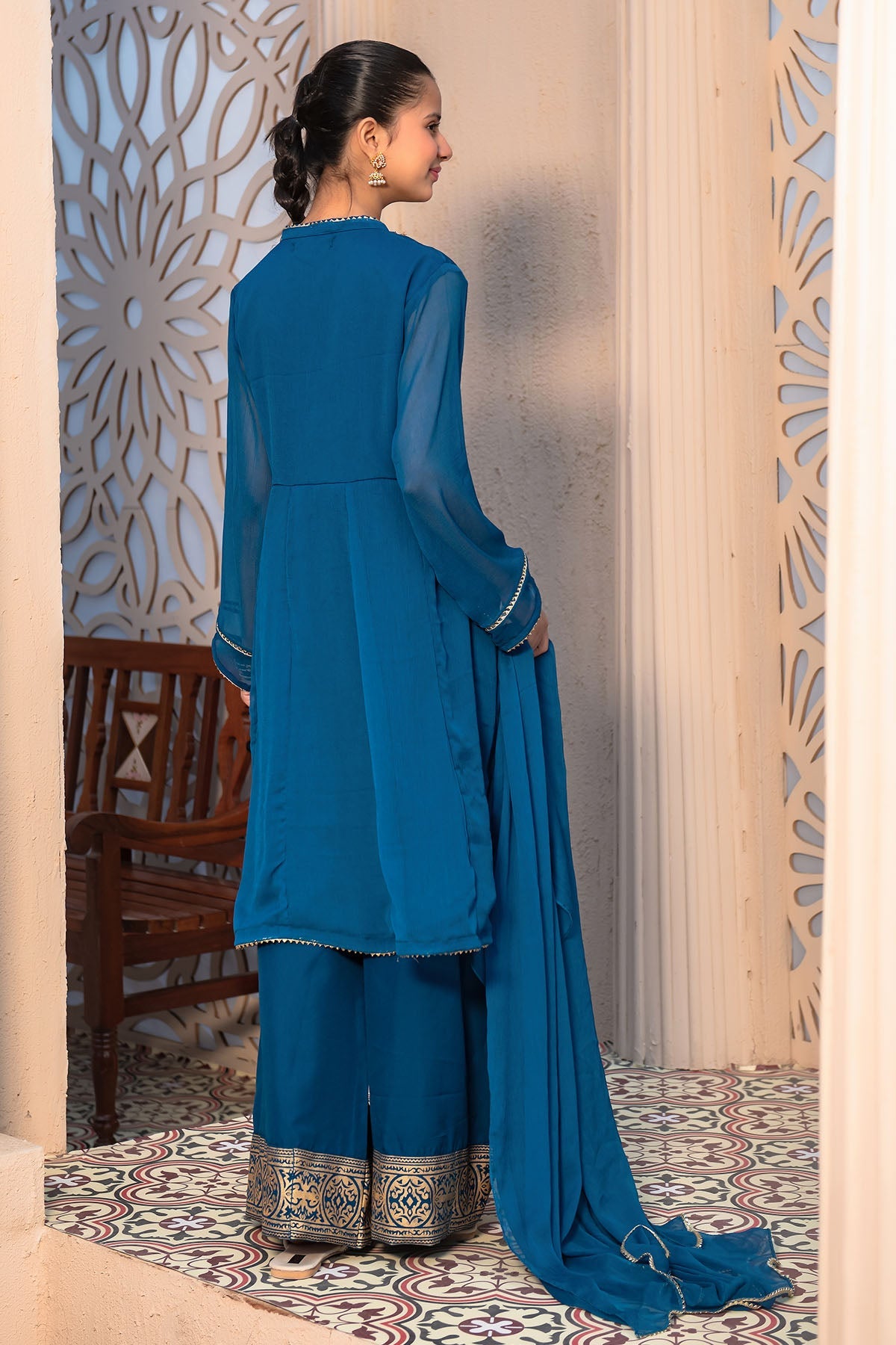 Chiffon Hand Adda Work Tea Blue Stitched Suit - Ochre