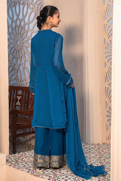 Chiffon Hand Adda Work Tea Blue Stitched Suit - Ochre