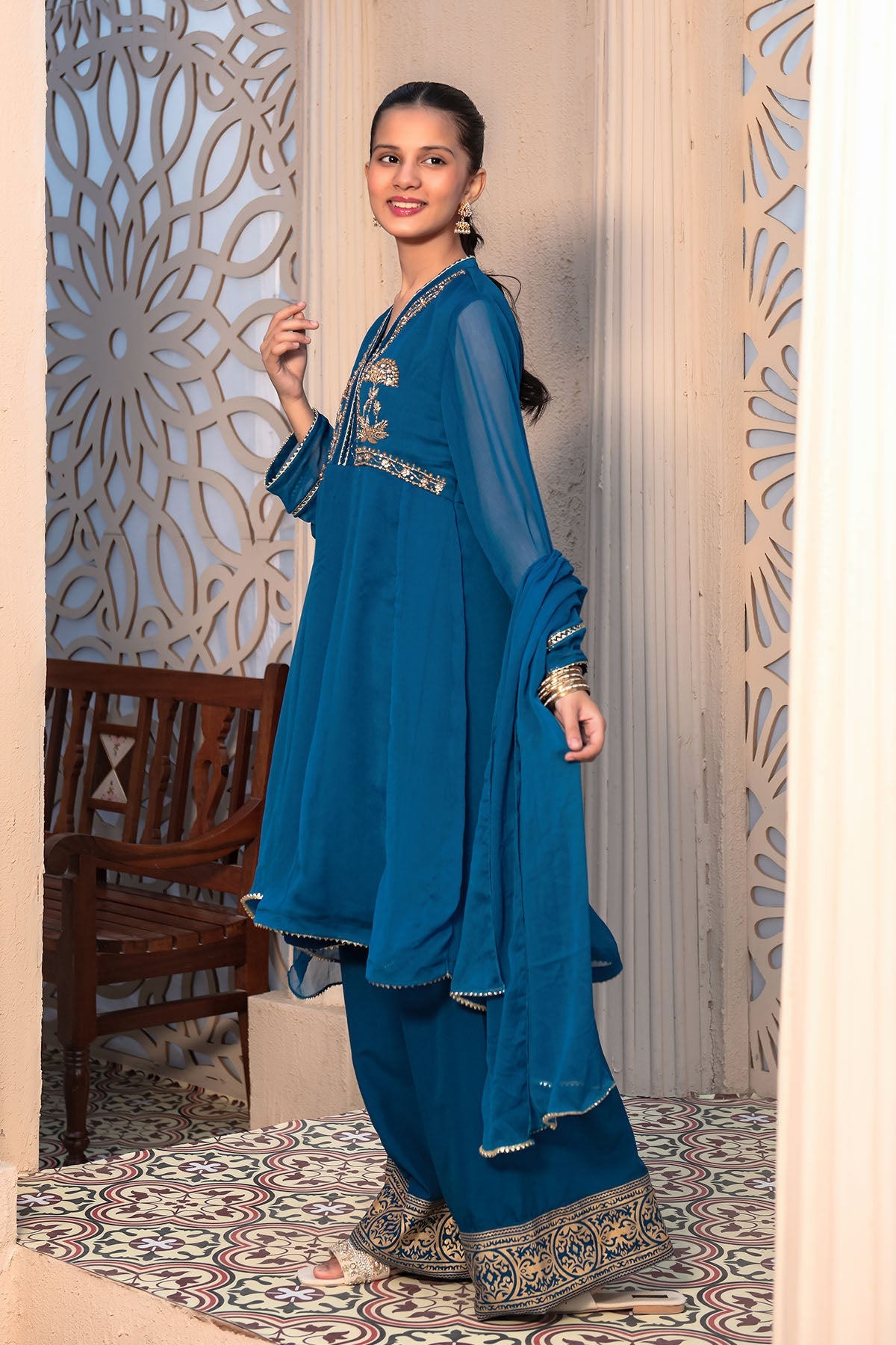 Chiffon Hand Adda Work Tea Blue Stitched Suit - Ochre