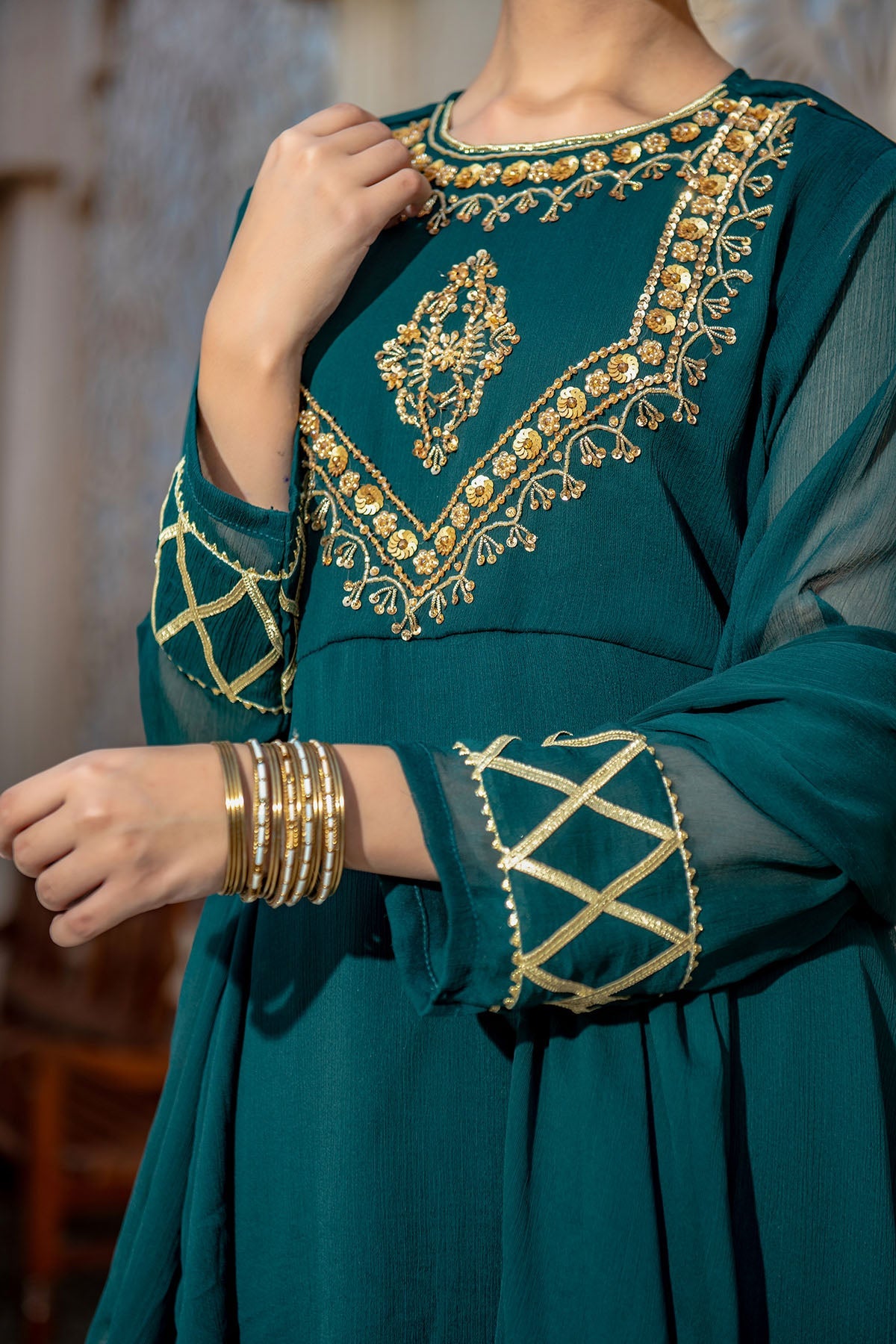 Chiffon Hand Adda Work Dark Green Stitched Suit - Ochre