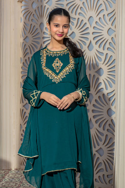 Chiffon Hand Adda Work Dark Green Stitched Suit - Ochre