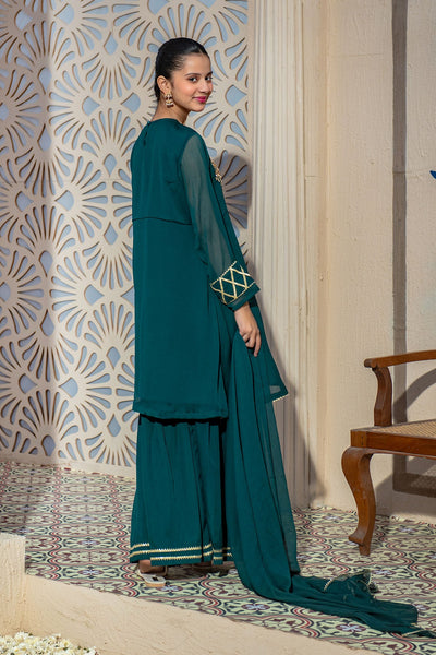 Chiffon Hand Adda Work Dark Green Stitched Suit - Ochre