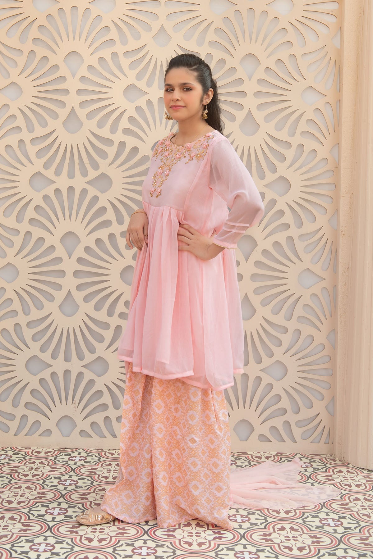 Chiffon Hand Adda Work Multi Stitched Suit - Ochre