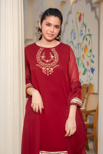 Chiffon Hand Adda Work Maroon Stitched Suit - Ochre