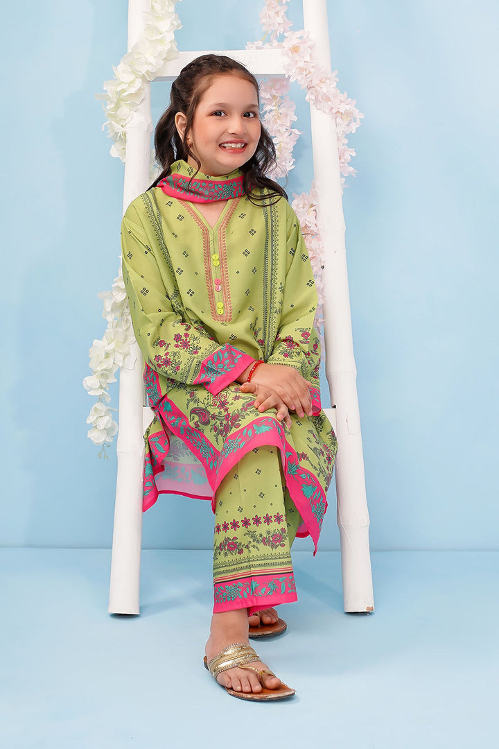 Poly Lawn Digital Printed Lime Green Stitched Suit - Ochre