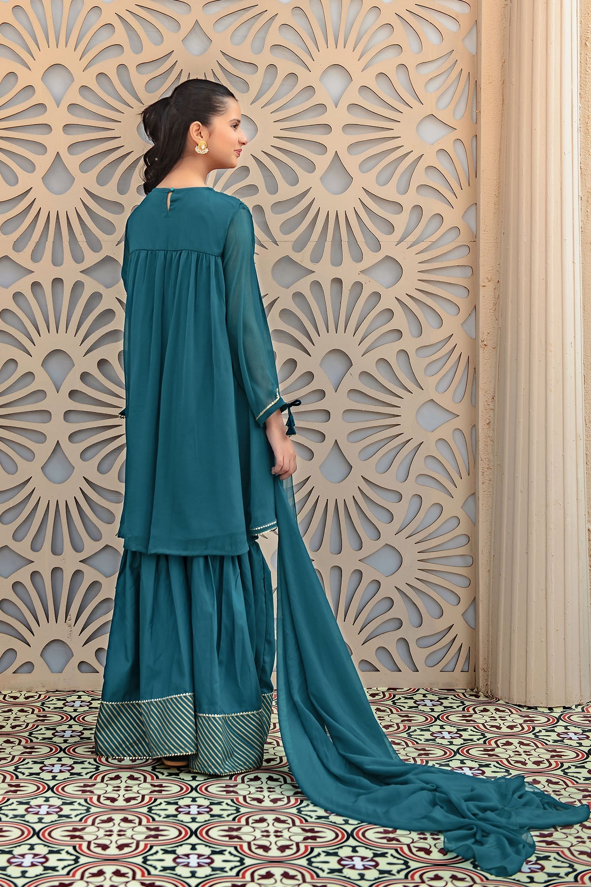 Chiffon Hand Adda Work Emerald Green Stitched Suit - Ochre