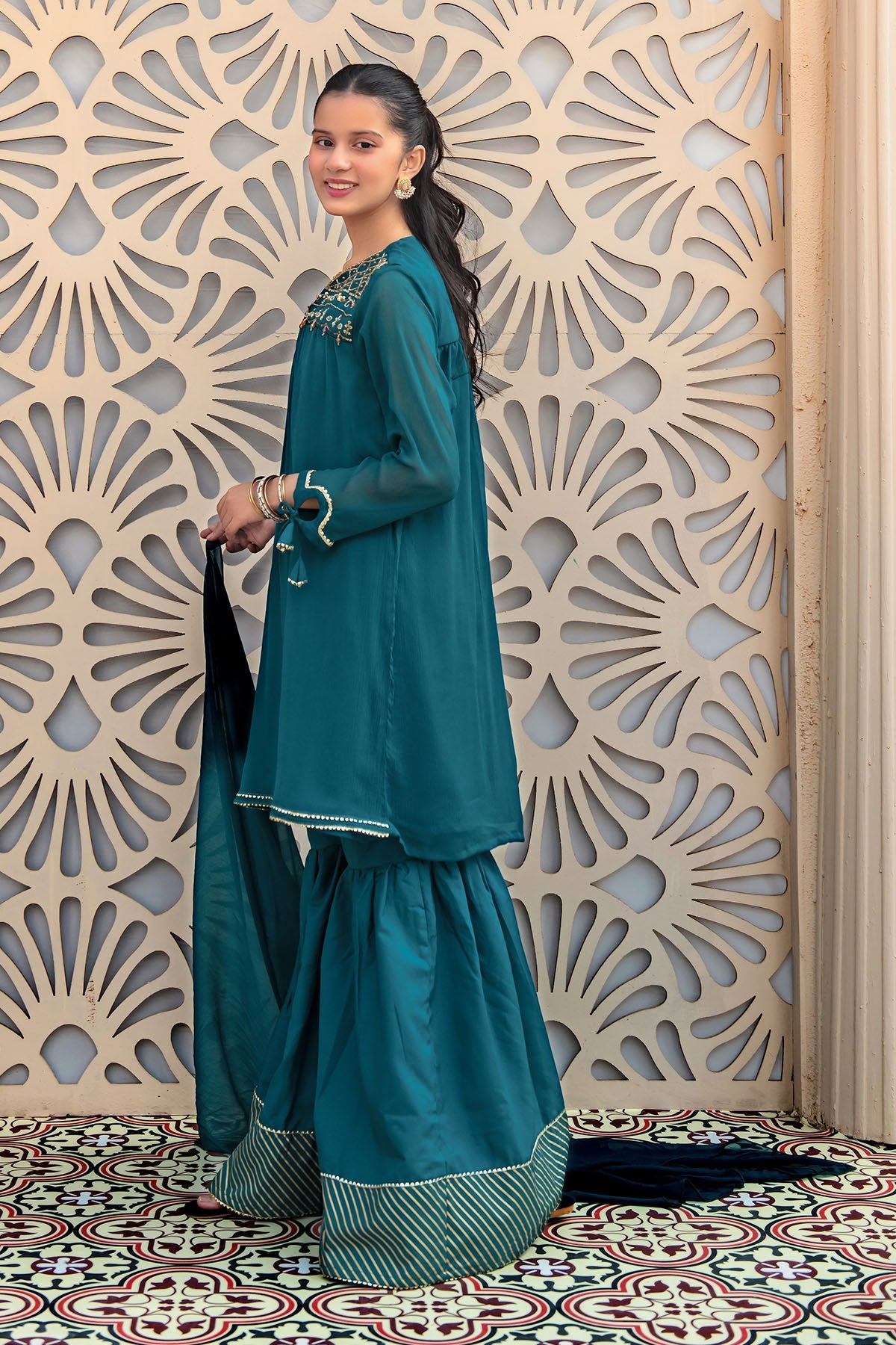 Chiffon Hand Adda Work Emerald Green Stitched Suit - Ochre