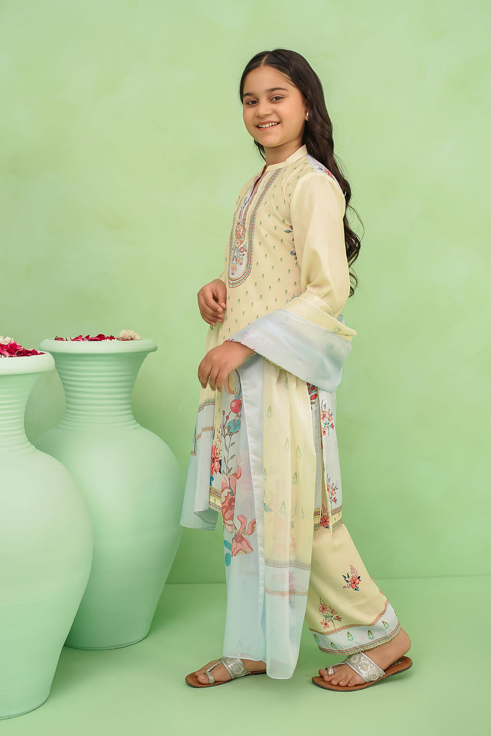 Poly Lawn Digital Printed Lemon Stitched Suit - Ochre