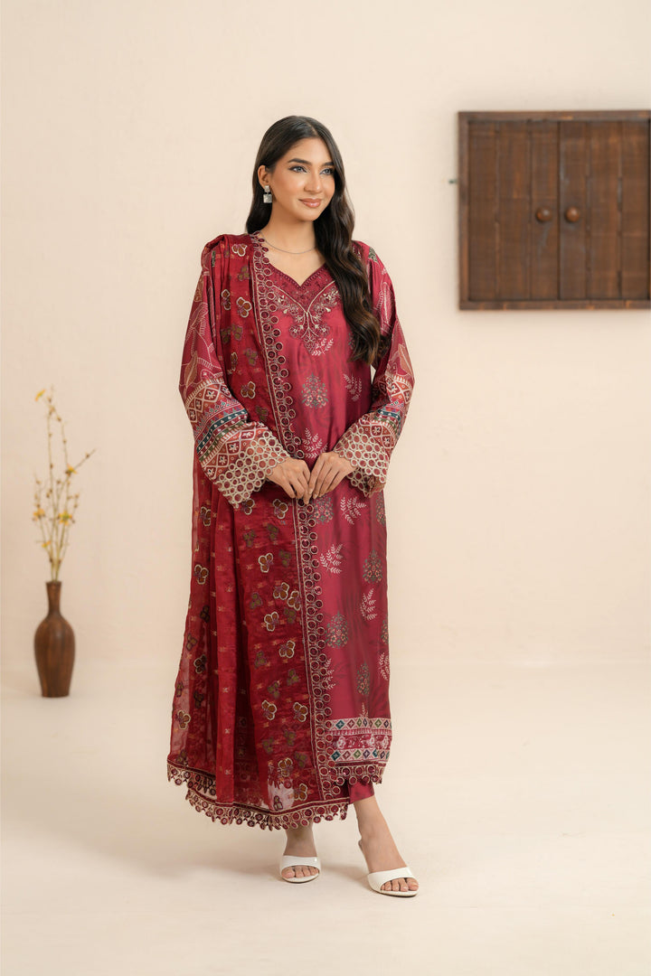 Silk Maroon Stitched Suit - Nureh