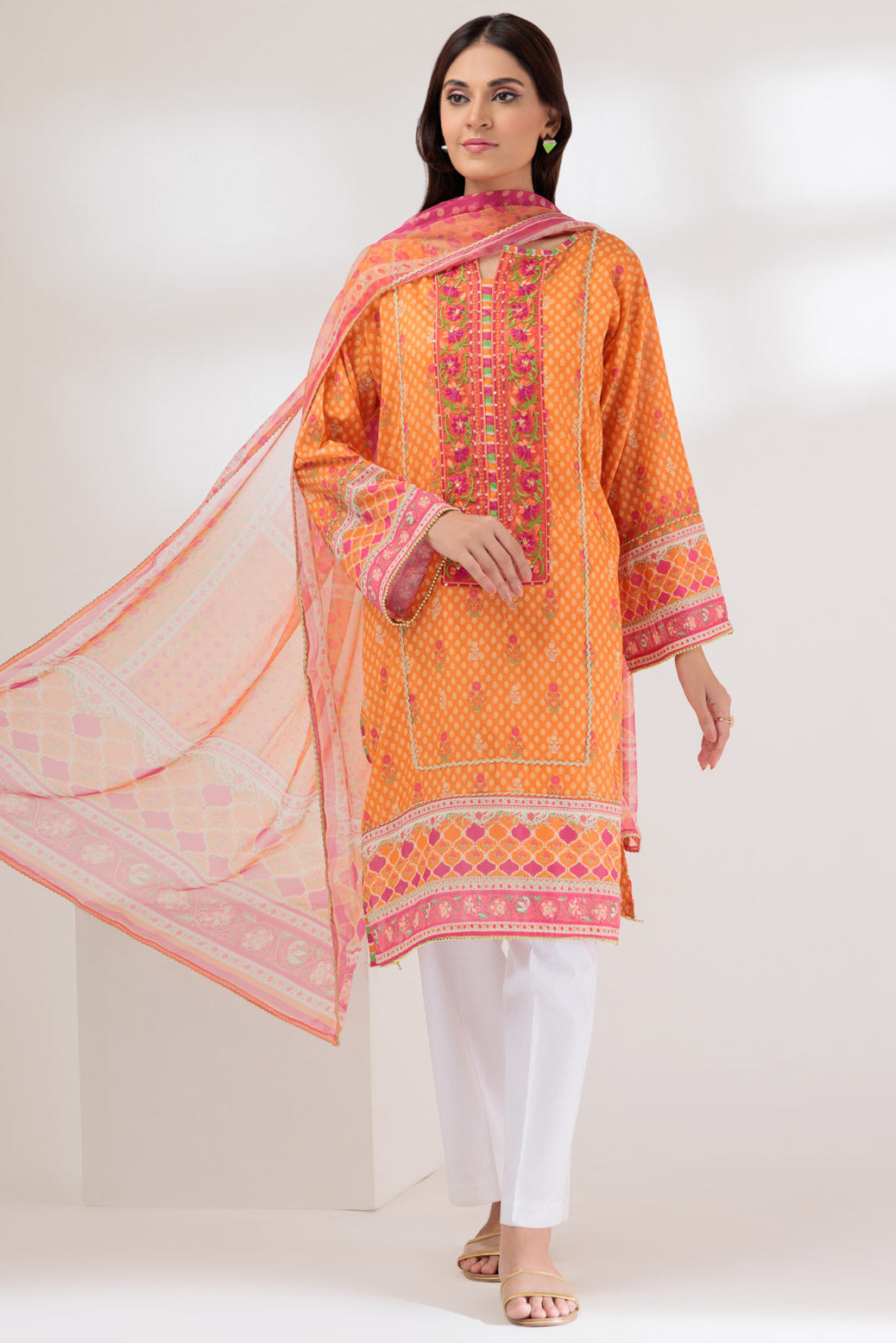 Lawn Orange 2 Piece Stitched Suit - Bonanza