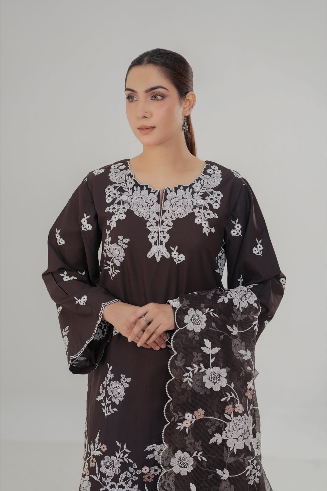 Sepia Dark - Cross Stitch Embroidered Lawn Stitched