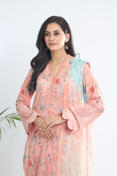 Lawn Peach Stitched Signature Prints - Nureh