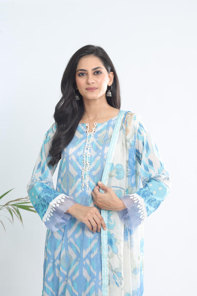 Lawn Blue & White Stitched Signature Prints - Nureh