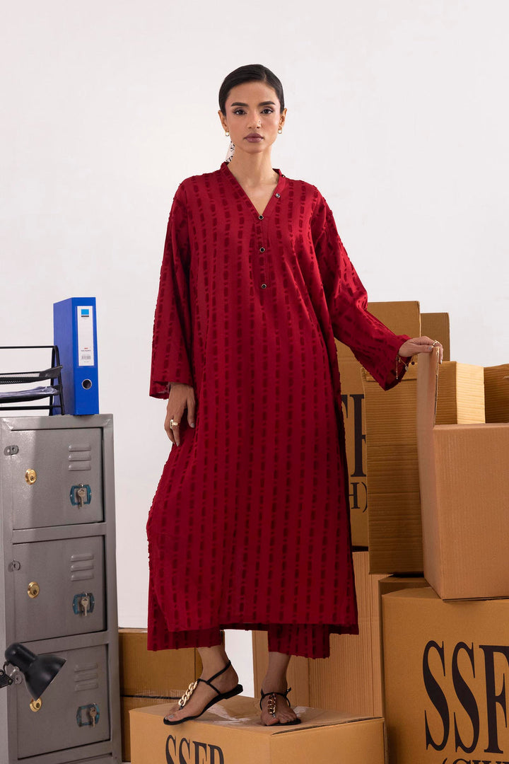 Brochia Jacquard Maroon Stitched Suit - Sana Safinaz