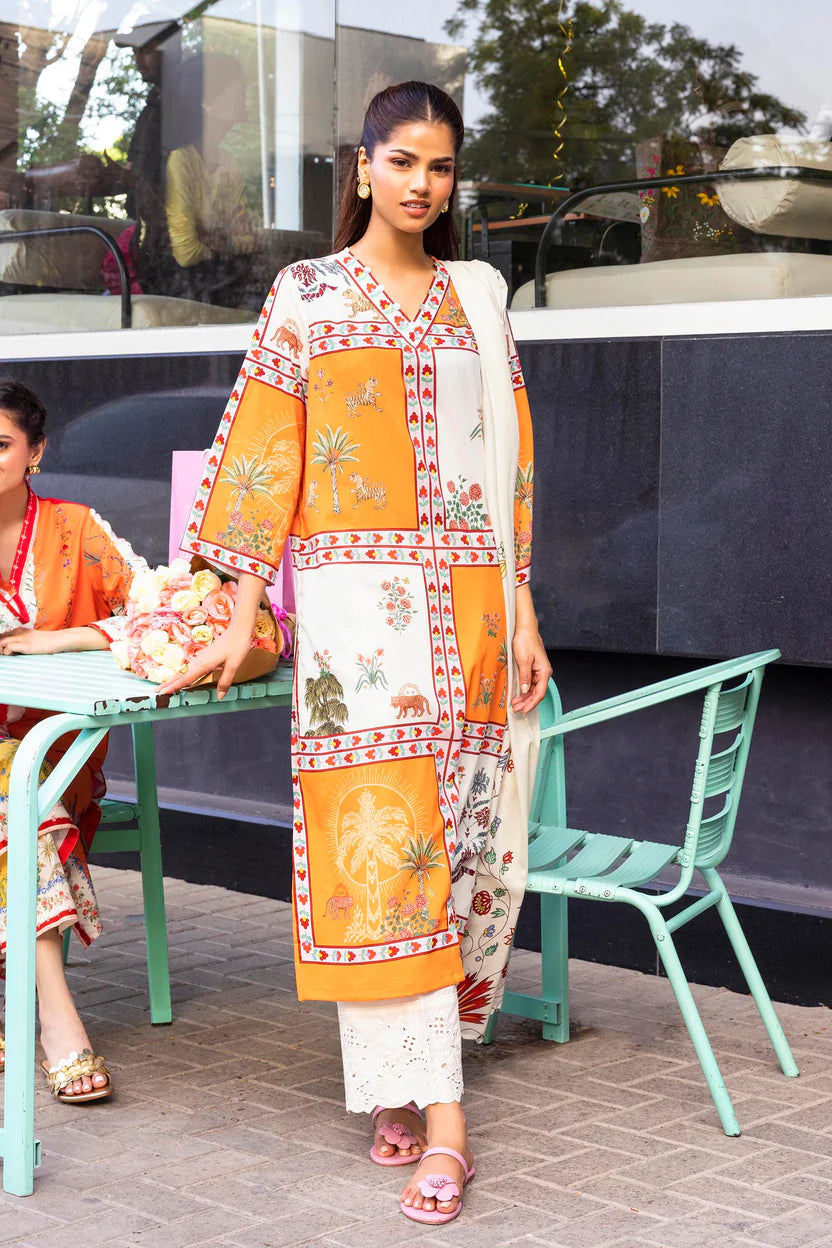 Lawn Offwhite & Orange Stitched Suit - Sana Safinaz