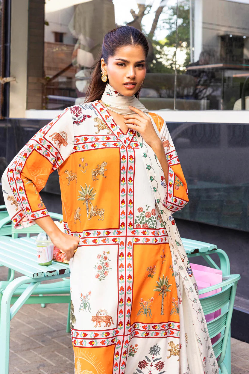 Lawn Offwhite & Orange Stitched Suit - Sana Safinaz