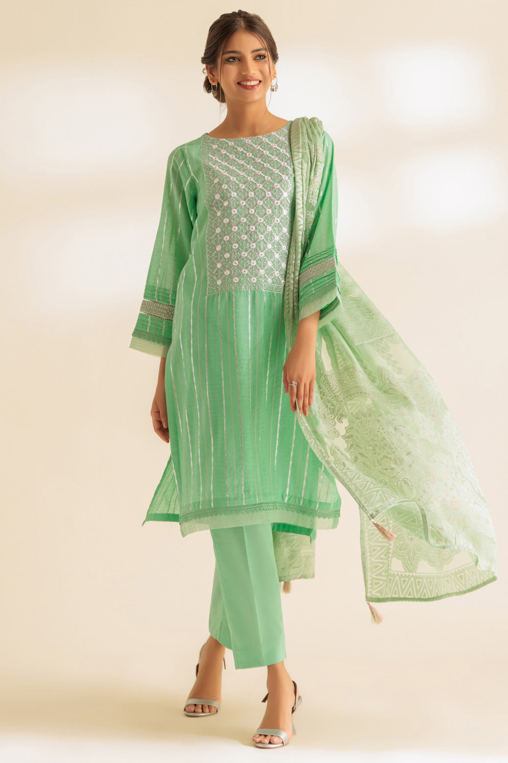 Jacquard Light Green Stitched Suit - Bonanza