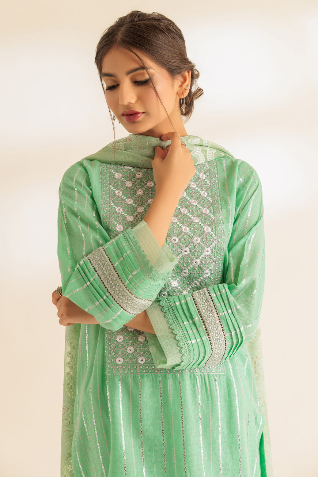 Jacquard Light Green Stitched Suit - Bonanza