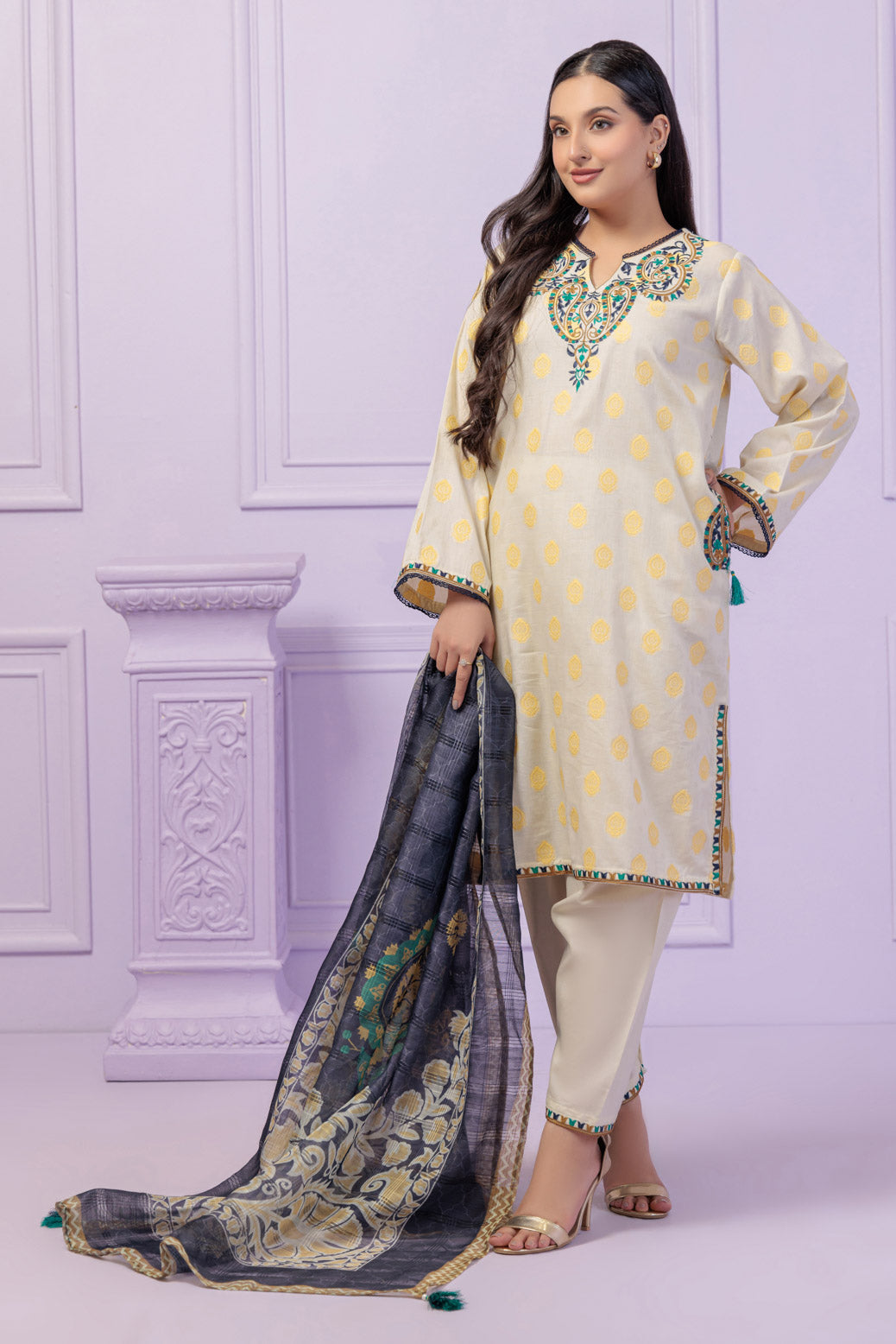 Jacquard Off White Stitched Suit - Bonanza