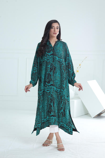 Linen Green & Black Kurti - Stonez