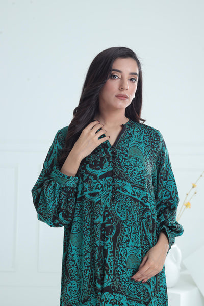 Linen Green & Black Kurti - Stonez