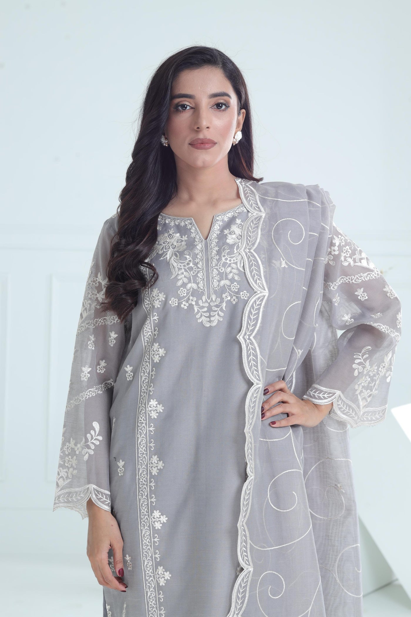 Cotton Net Grey Stitched Suit - Stonez