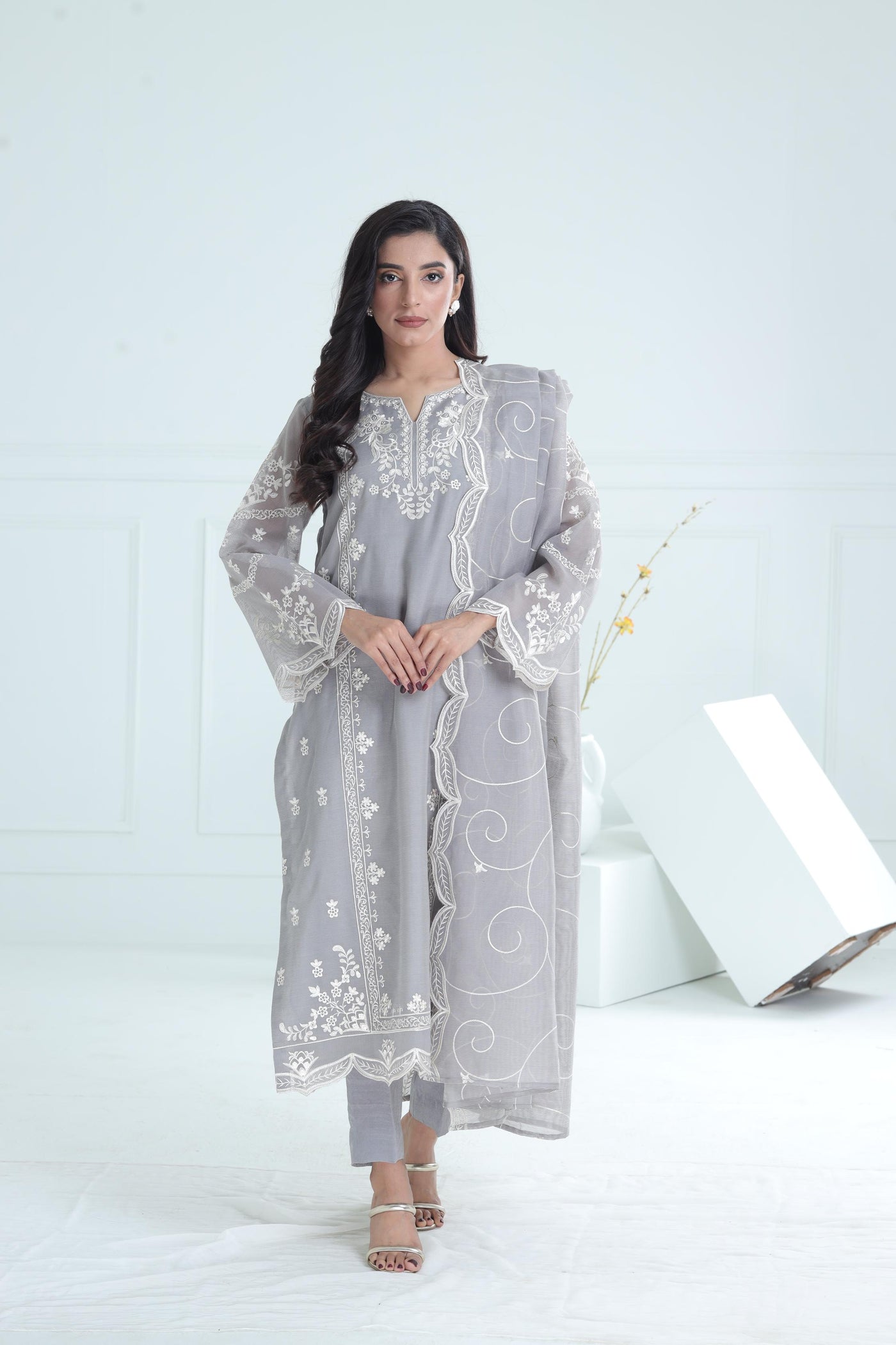 Cotton Net Grey Stitched Suit - Stonez