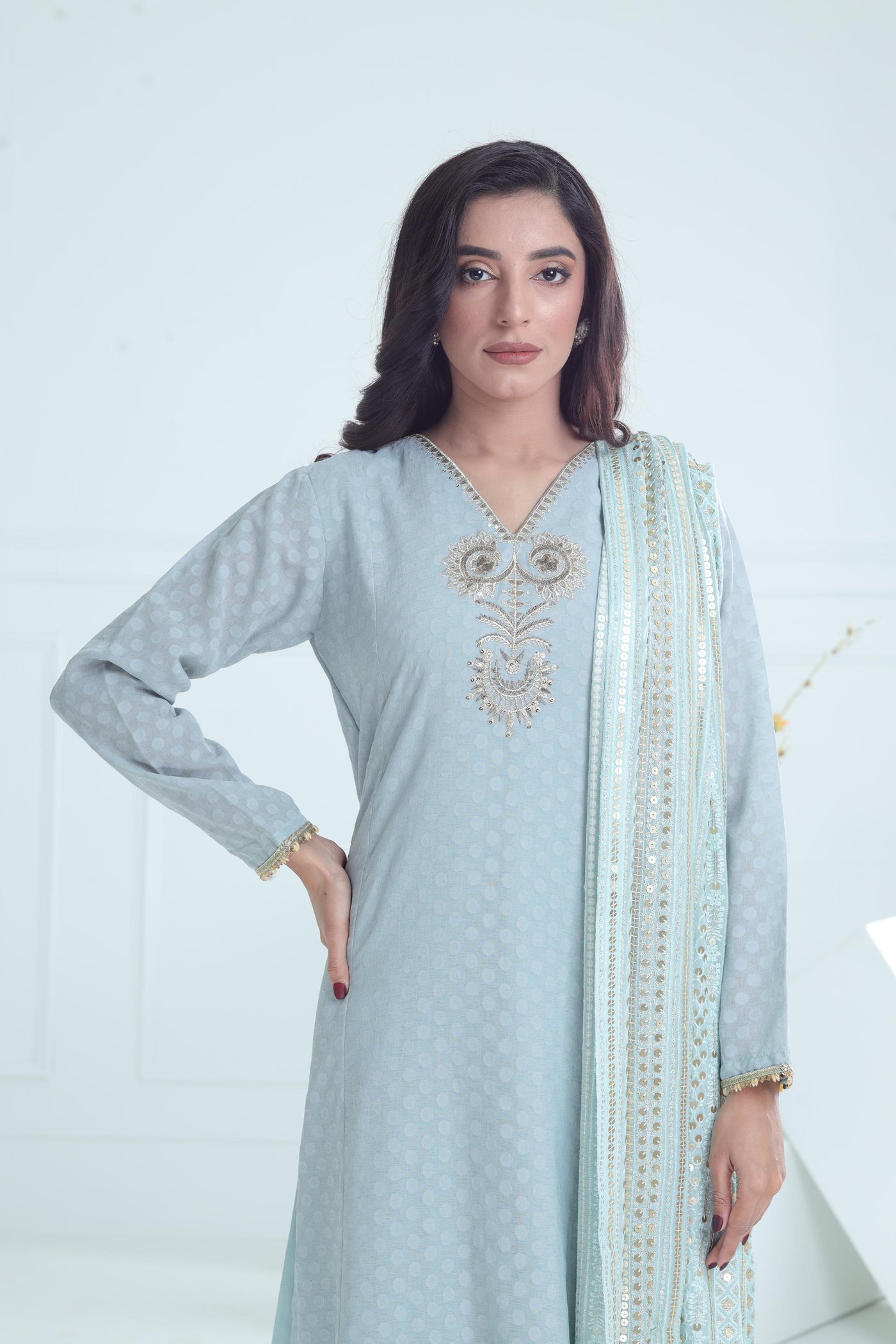 Chiffon Sky Blue Stitched Suit - Stonez