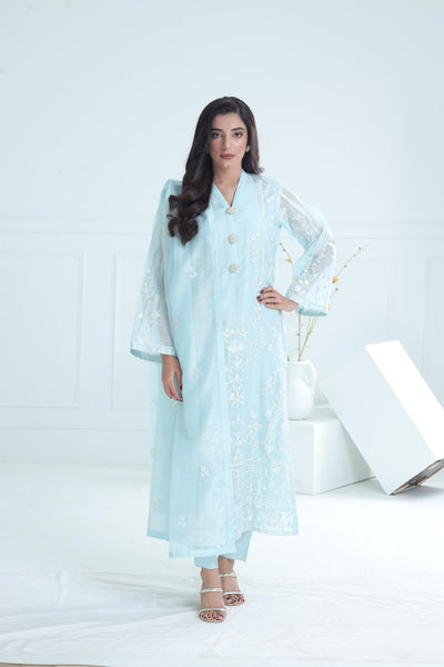 Cotton Net Sky Blue Stitched Suit - Stonez