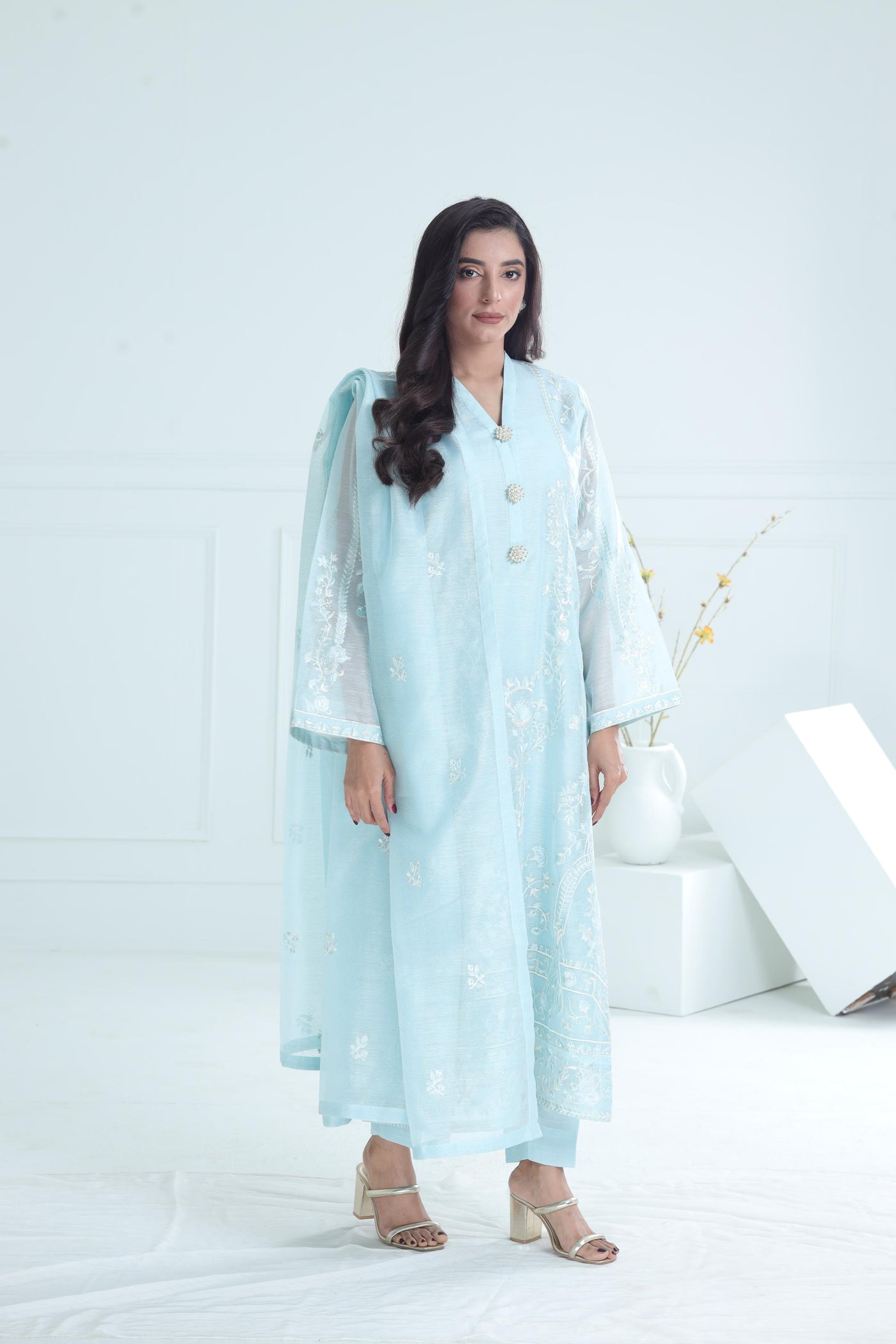 Cotton Net Sky Blue Stitched Suit - Stonez