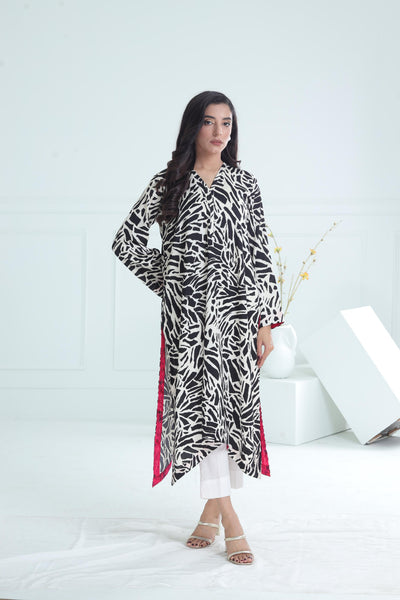 Linen Black & White Kurti - Stonez