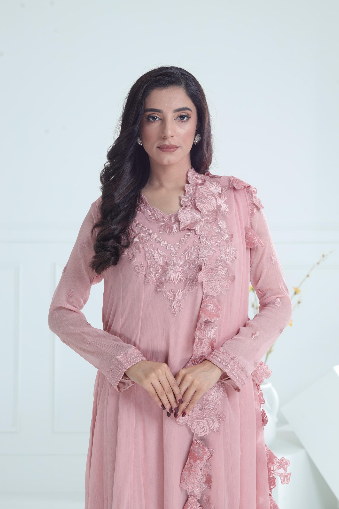 Chiffon Tea Pink Stitched Suit - Stonez