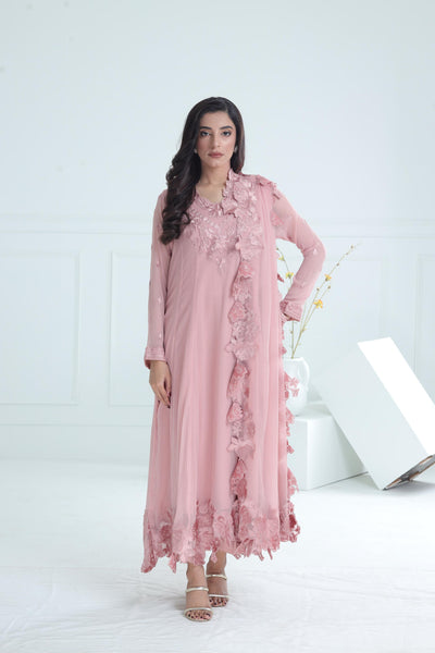 Chiffon Tea Pink Stitched Suit - Stonez