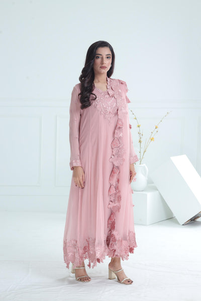 Chiffon Tea Pink Stitched Suit - Stonez