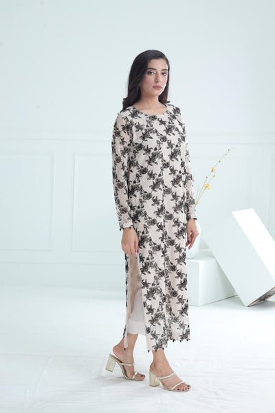 Net Black & White Kurti - Stonez