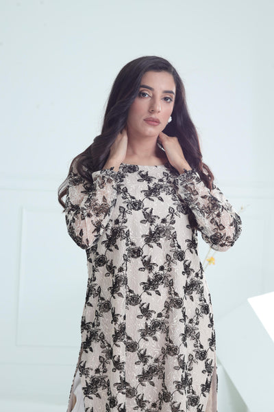 Net Black & White Kurti - Stonez