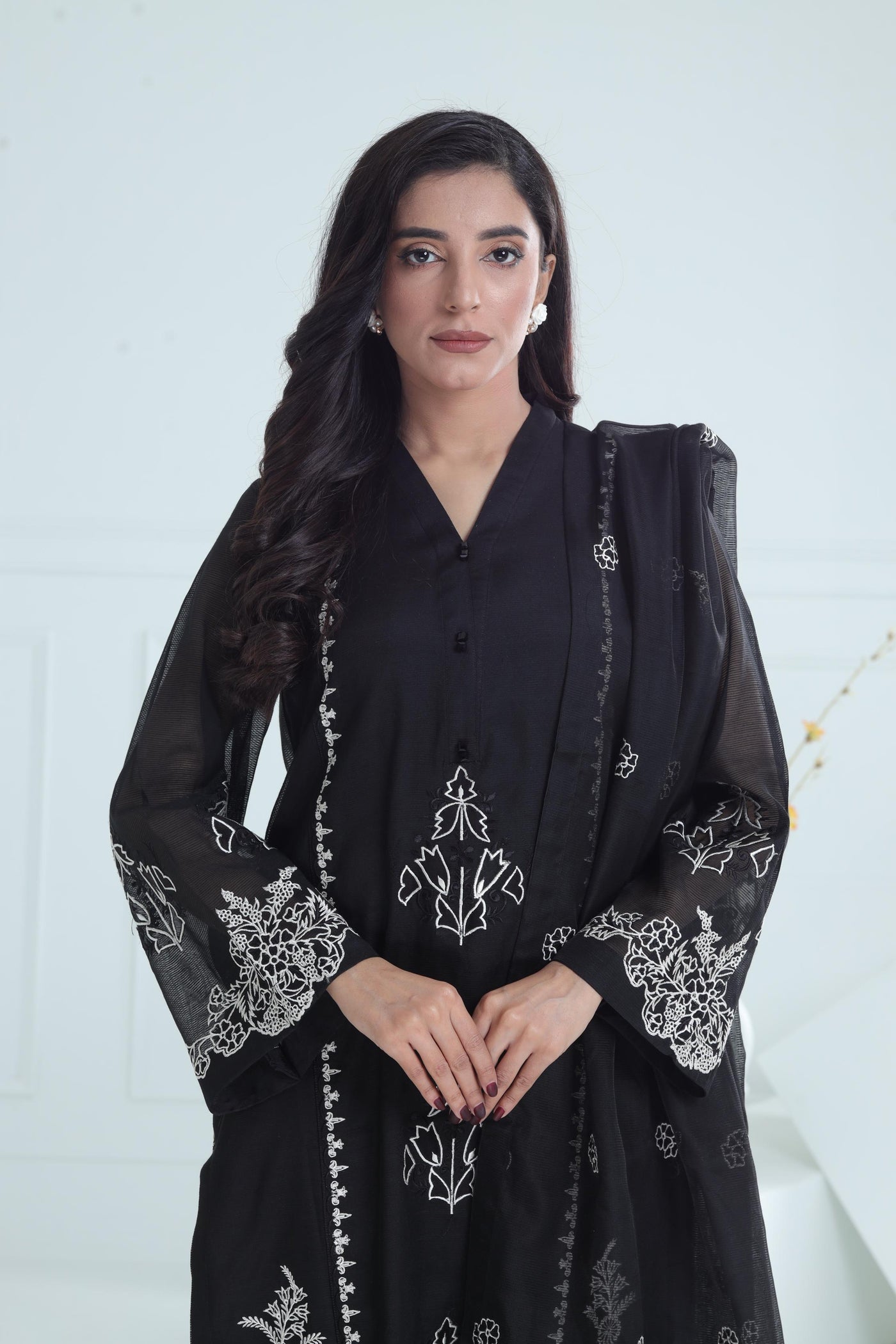 Cotton Net Black Stitched Suit - Stonez