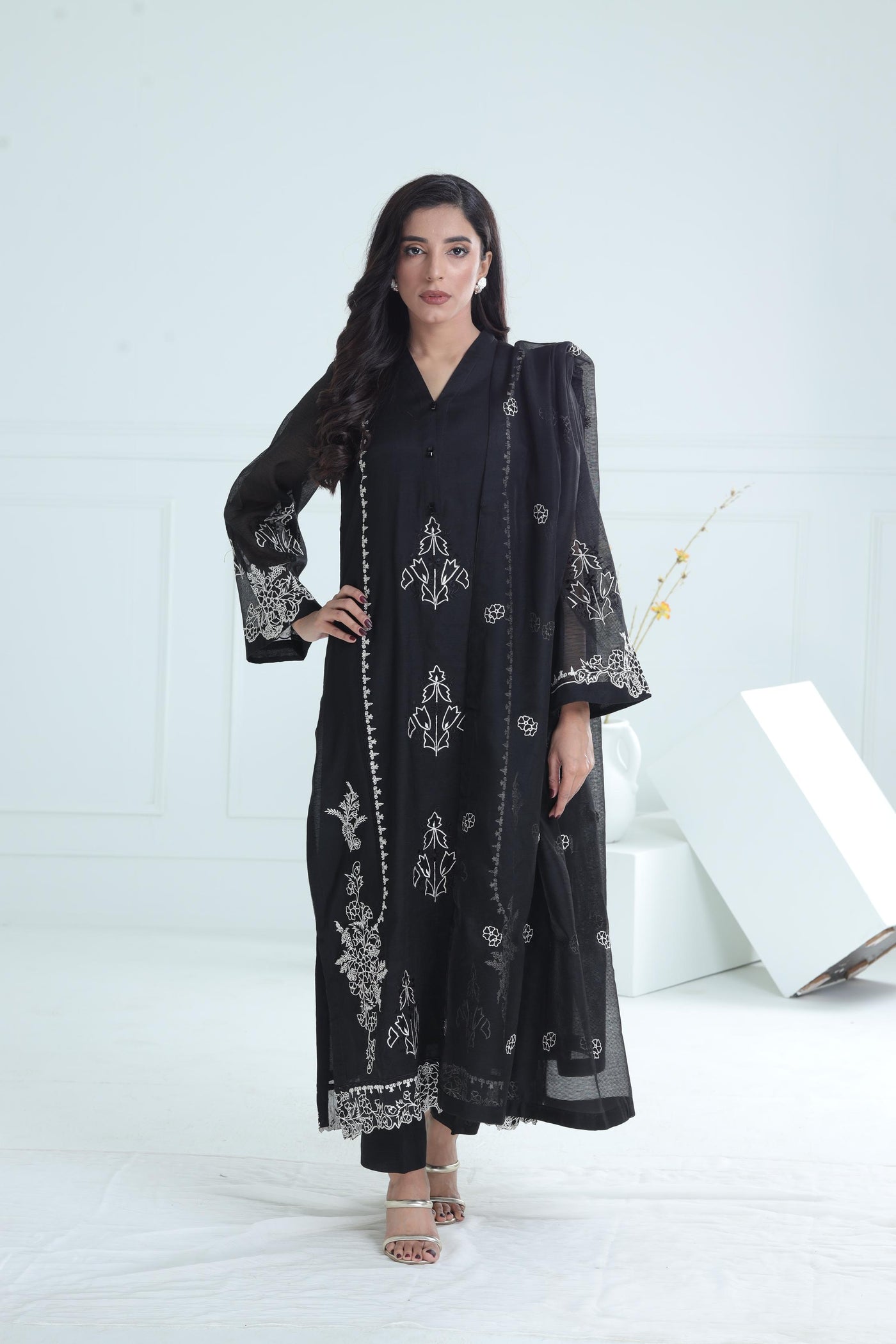 Cotton Net Black Stitched Suit - Stonez