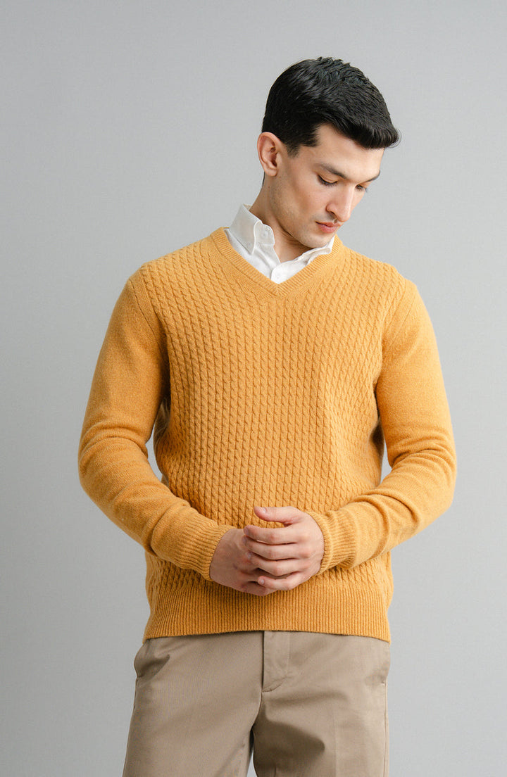 Lambs Wool Mustard V-Neck-Full Sleeves Sweater - Cambridge
