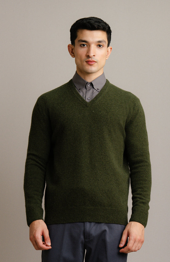 Lambs Wool Olive Designer Sweater - Cambridge
