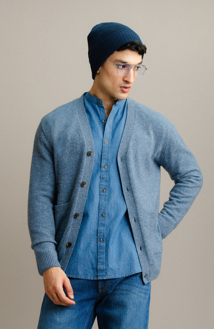 Lambs Wool Blue Designer Cardigan - Cambridge