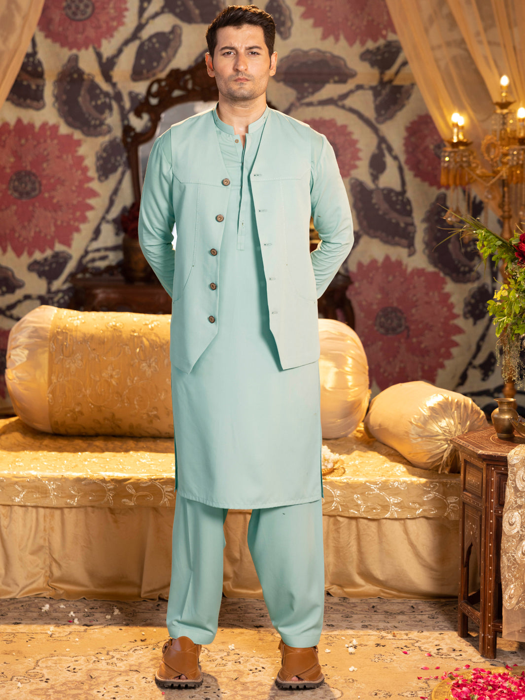 Boski Gold Sky Blue Kurta Trouser - Panjnad by J. Junaid Jamshed