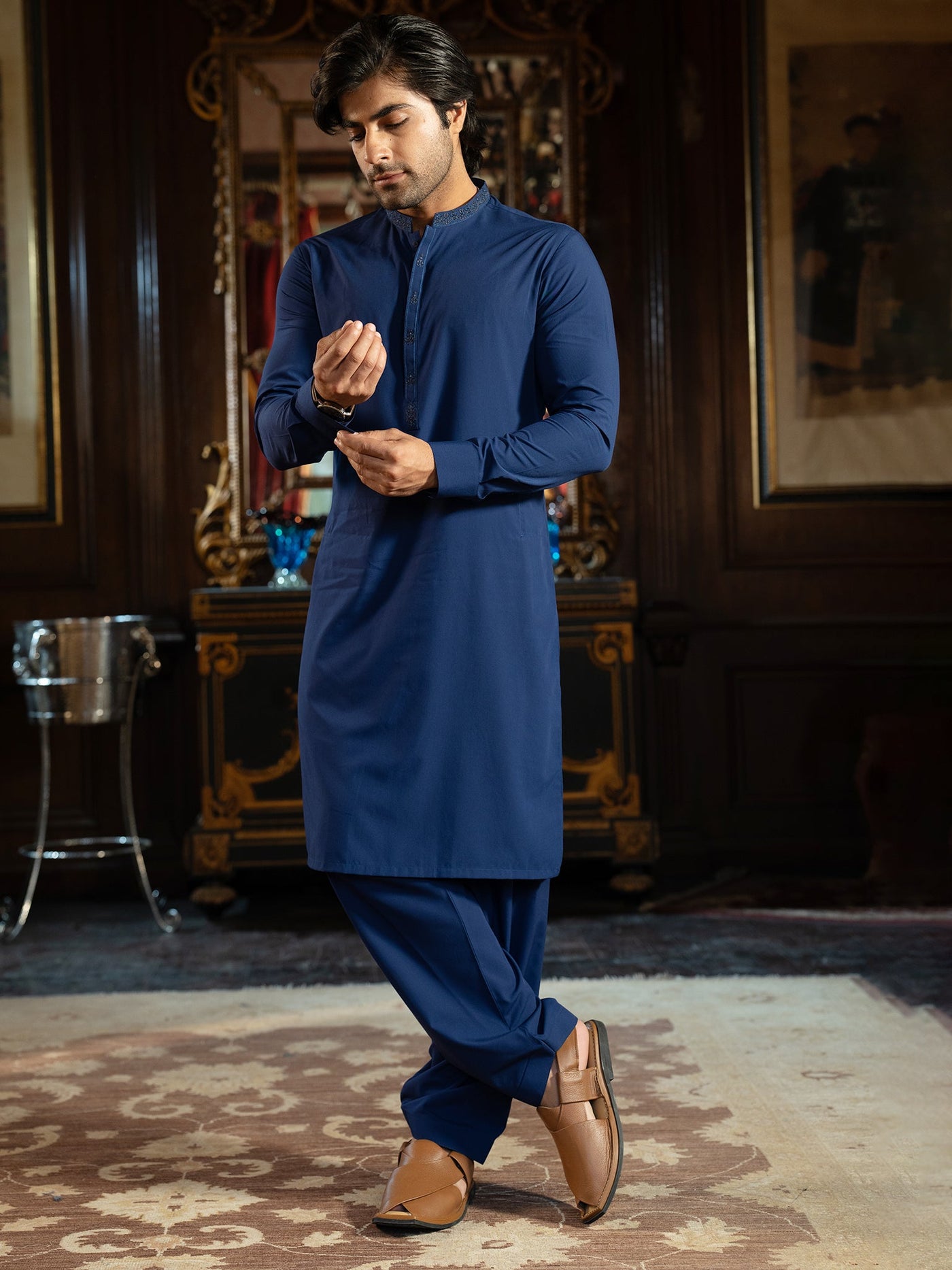 Blended Stripes Patriot Blue Kurta Trouser - J. Junaid Jamshed