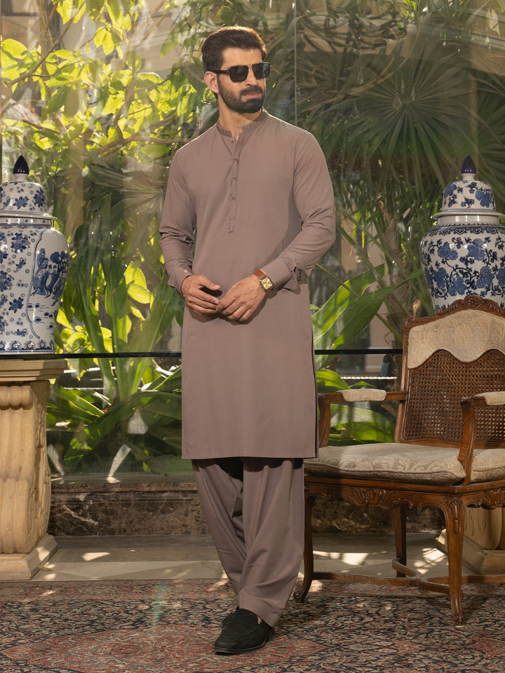 Blended Stripes Deep Taupe Kurta Trouser - J. Junaid Jamshed