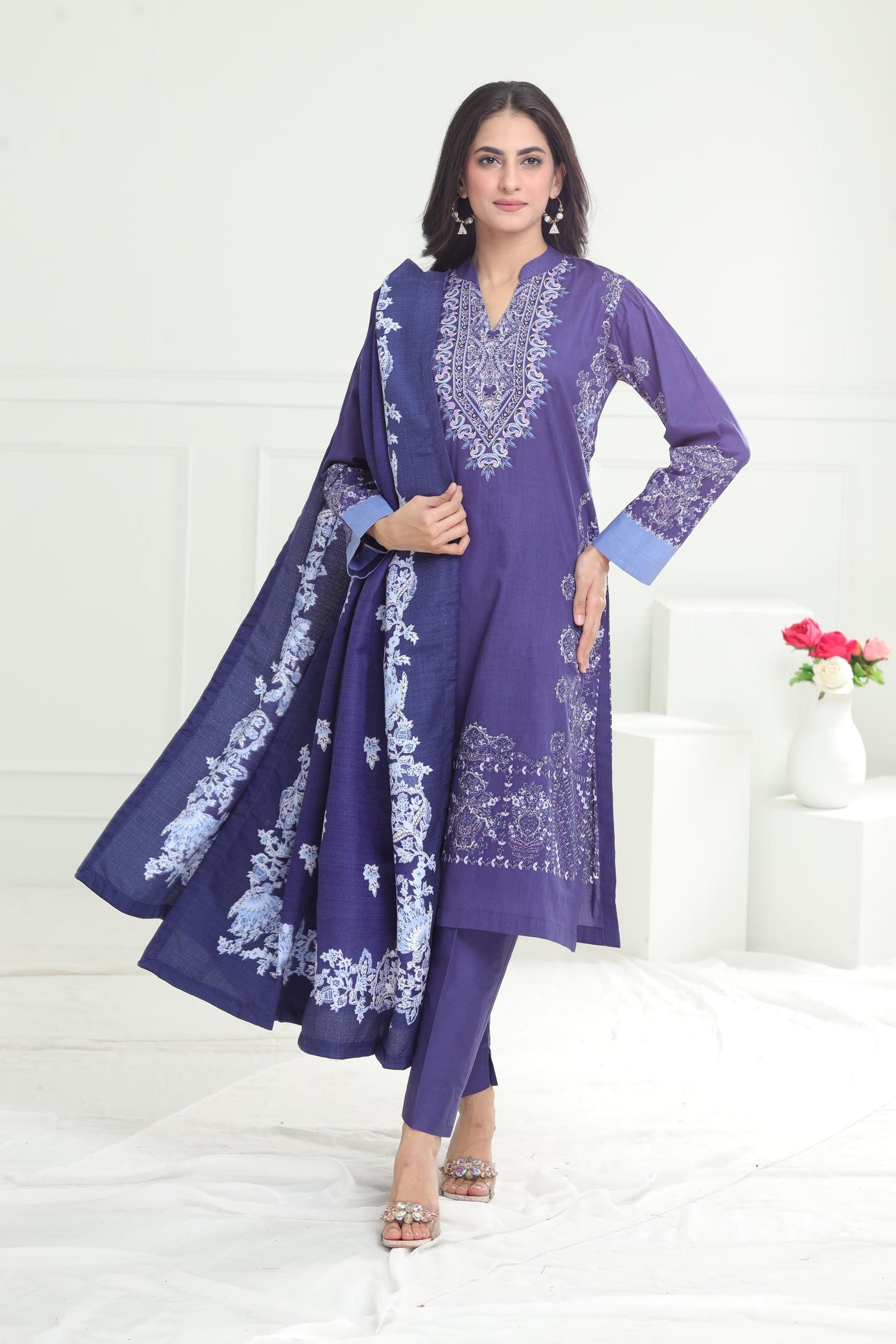 Printed Cotton Blue Stitched Suit - Limelight